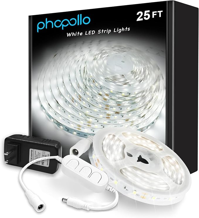 phopollo White LED Strip Lights, 25ft Dimmable 6500k Daylight White Led Light Strip, 460 LEDs Flexible Led Lights for Bedroom, Mirror, Kitchen Decoration