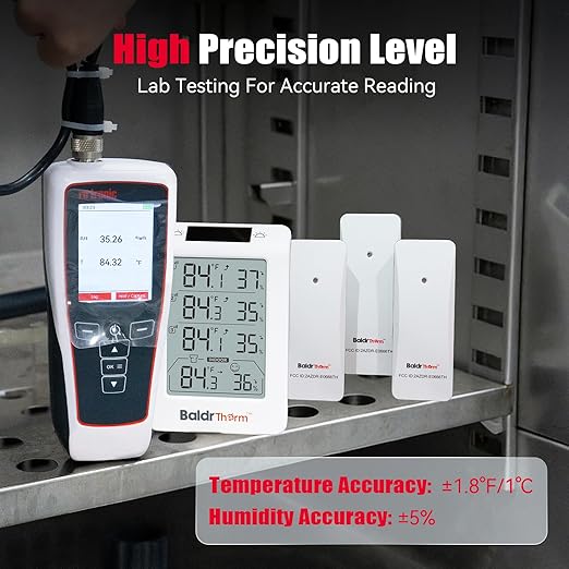 BaldrTherm Solar Photosensitive Three Channel Thermo-Hygrometer, Wireless Temperature & Humidity Monitor with 330ft Range, 4.8" Digital Display, Smart Backlight, Real-Time Alerts, White