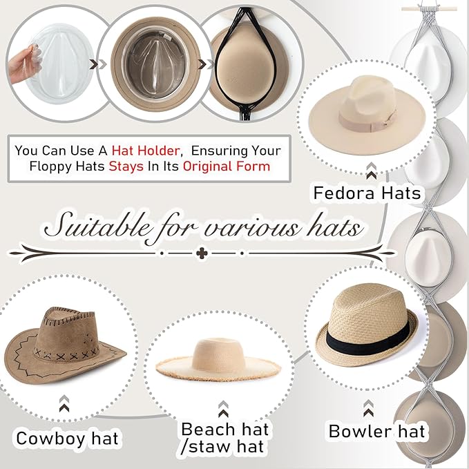 Yulejo Macrame Hat Hangers Boho Hat Rack Cowboy Hat Hanger Back of Door Hat Organizer (Gray,Five Hats Style)