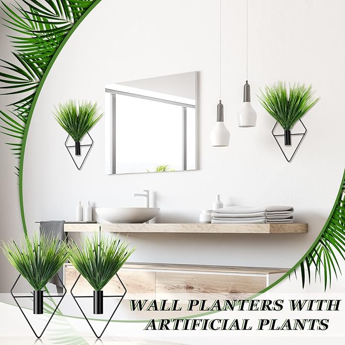Canlierr 4 Pcs Wall Decor Hanging Planters with Artificial Plants Metal Hanging Vase Indoor Plants Holder Modern Boho Wall Art for Bathroom Bedroom Living Room Decor(Black,Aquatic Plant)