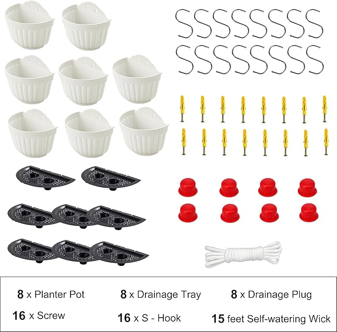 8 Pack Hanging Planters Wall Planter for Indoor Outdoor Plants White 8 inch Plant pots with Drainage Hole, Balcony Planters Railing Hanging Pot Fence Vertical Living Mount with Accessaries