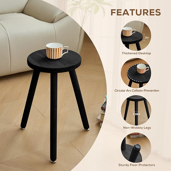 Small Round Side Table Adjustable Height Solid Wood Drink Table Indoor Tall Plant Stand Multi-Use Accent Stool-11‘’D × 20“H (Black)