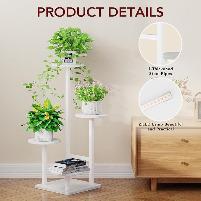 Homsorout Plant Stand Indoor with Grow Light, 4-Tiered Tall Plant Stand Indoor, Metal Plant Shelf with Adjustable Light, Ideal for Living Room, Garden, Patio white