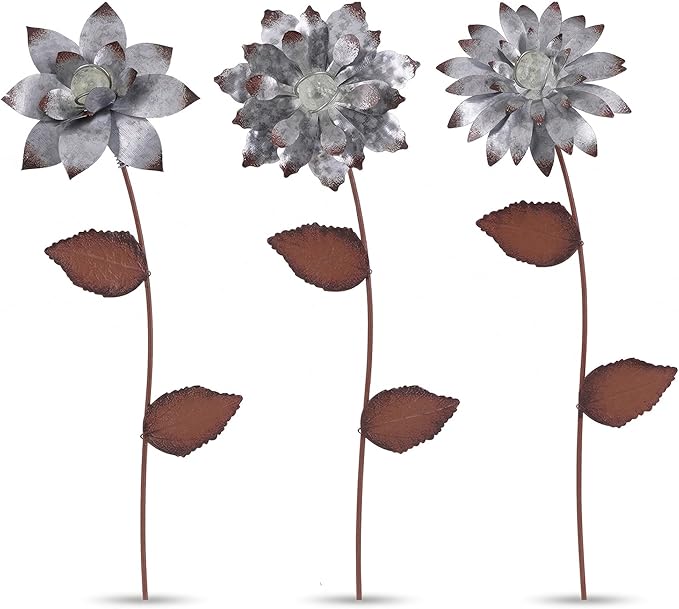 Metal Floral Garden Stake Outdoor Glow in Dark Silver Plant Pick Water Proof Metal Flower Stick Décor for Lawn Yard Patio,3 PCS