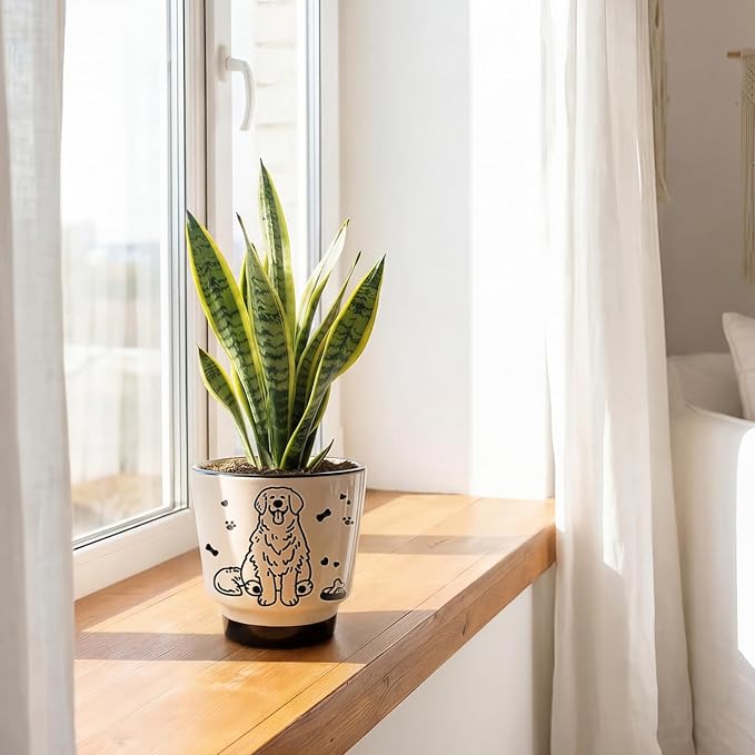 STHIE 5 Inch Ceramic Planters for Indoor Plants, Round Plant Pots with Drainage, Decorative Cute Flower Pot, Cactus Snake Planter for Windowsill (Sweet Dog)