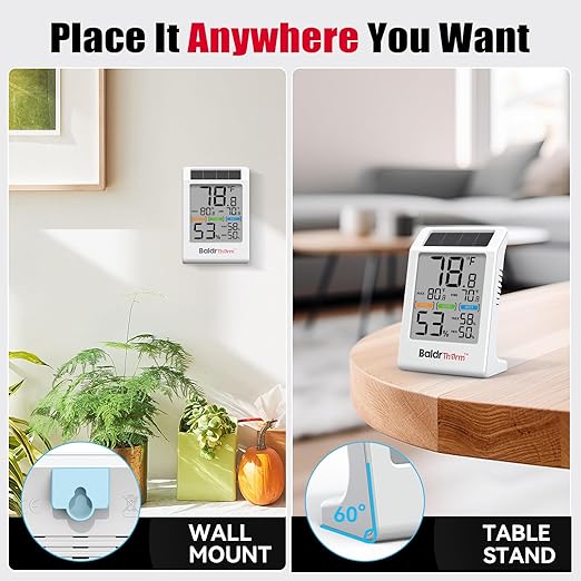 BaldrTherm Room Thermometer Indoor Humidity Meter Solar Powered with Max/Min Memory & Comfort Indicator - 3.2" Large Display for Home, White, 3Pack
