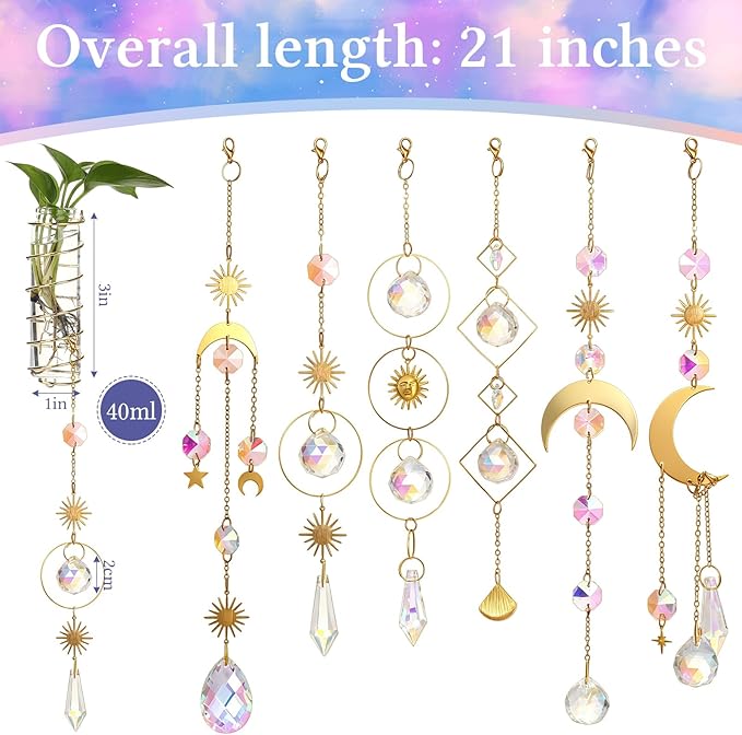 6 Pcs Plant Propagation Station Colorful Crystal Suncatcher, Handmade Boho Rooting Vase, Hanging Window Plant Propagator Stations Suncatcher with Chain Pendant Ornament Balls