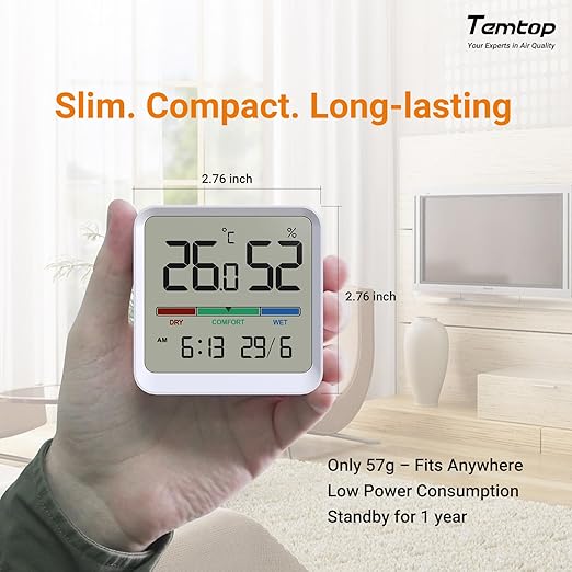 Temtop Indoor Thermometer Hygrometer, Precision Digital Temp/Humidity Monitor with Magnet & 3M Sticker, Date & Time, Wall/Magnet/Stand Mount, for Home, Office, Nursery, T1-SE