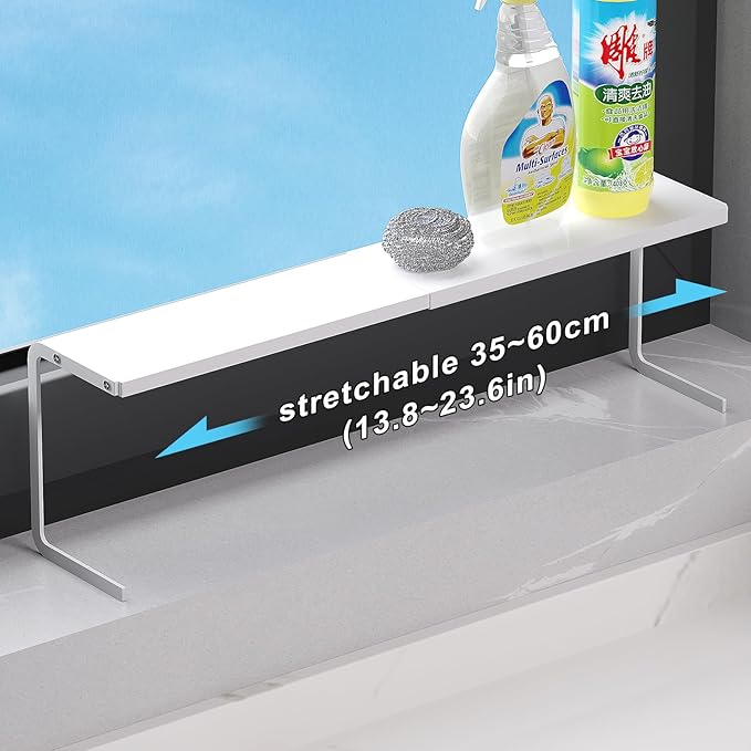 1pc Small Narrow Shelf for Windowsill Kitchen Spice Rack Organizer Stackable Tall Shelves Scalable Window Plant Rack for Narrow Space Countertop Storage (White)