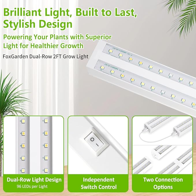 FOXGARDEN Grow Lights for Indoor Plants, 2FT 40W (4×10W) Full Spectrum LED Plant Growing Lamp, Grow Light Strip, Grow Light for Seed Starting, Plug and Play, Separate Switch, 4-Pack