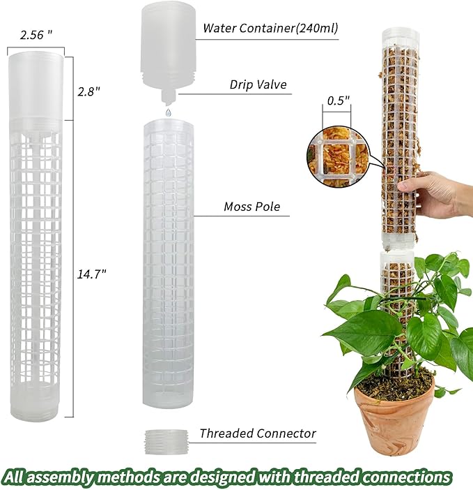 Jegu Self-Watering Moss Pole for Monstera Plant Support, 18.8 Inch Stackable Plastic Moss Pole for Climbing Plants. (4PACK-Large)