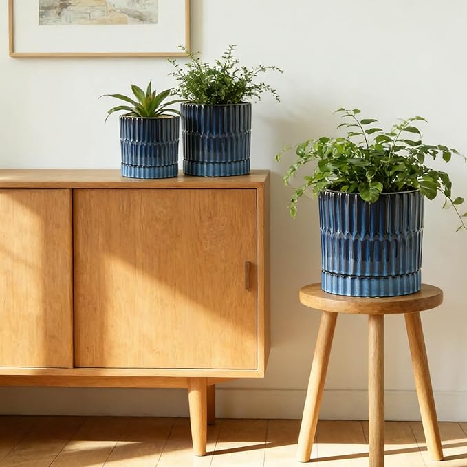 HASENSE Ceramic Pot for Plants, 3-Pack (8/6/4.6 inch) Medium Flower Planter with Drainage Holes & Tray, Rective Glaze Plant Pots Indoor with Ribbed Design, Kithen Home Office Decor, Blue