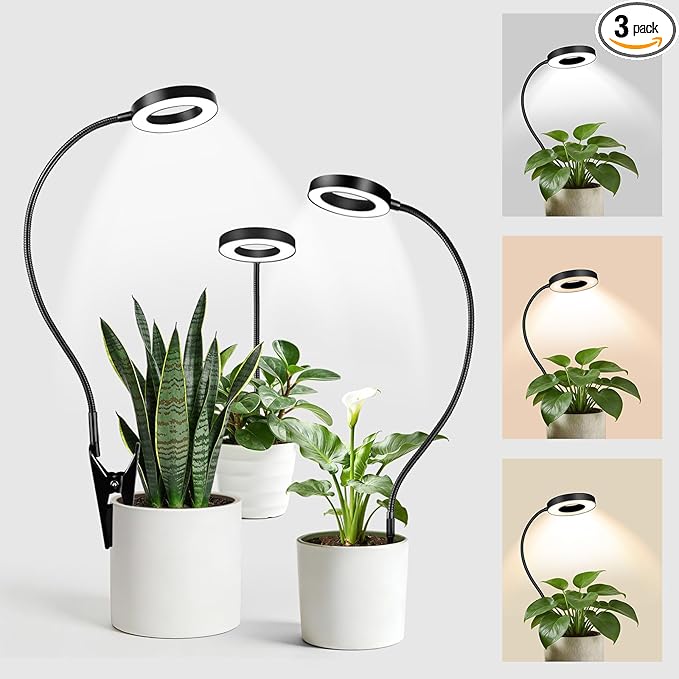 LORDEM Indoor Plant Grow Lights with 6/8/12/16H Auto Timer, 3 Spectrum Modes, Full Spectrum LED, Adjustable Height, for Small Plants, 3Pack Black