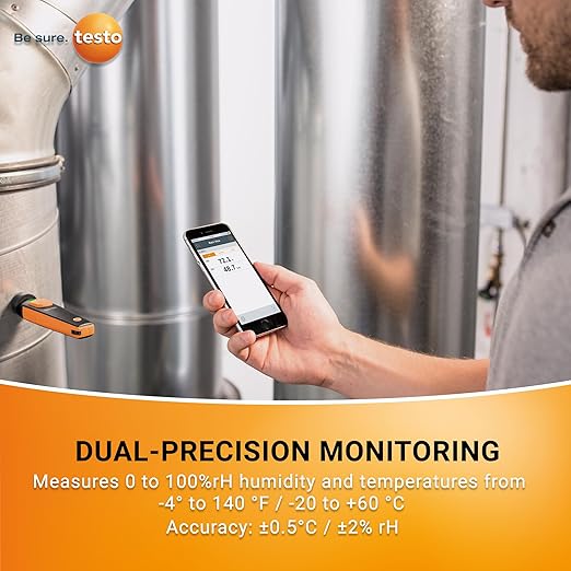 Testo 605i Thermohygrometer - Hygrometer & Indoor Thermometer for Humidity Measurement and Indoor Temperature - 90° Bendable In-Duct Temperature and Humidity Monitor with Bluetooth - iOS & Android