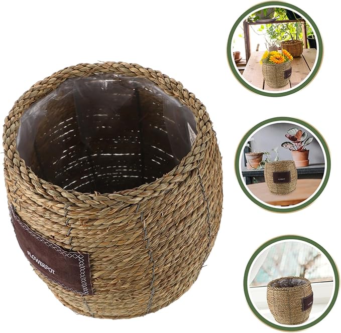 Luxshiny Handwoven Straw Wicker Basket Planter Flower Pot Decorative Storage Holder for Indoor Outdoor Garden Balcony, Medium Large Woven Rattan Plant Container