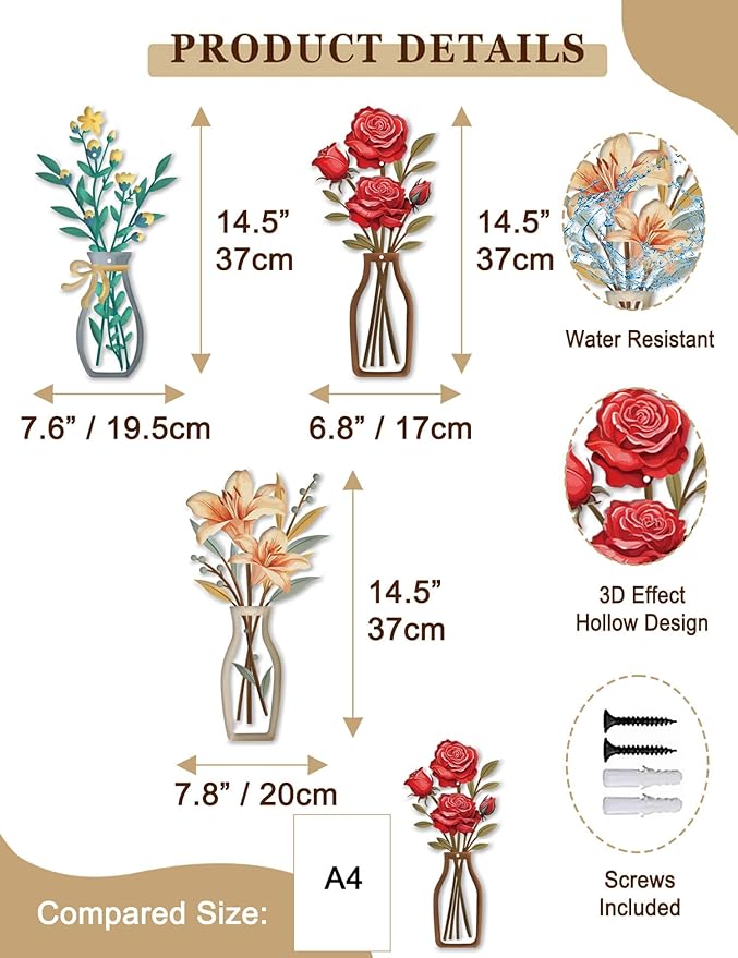 AXHoustake 3 Piece Metal Flower Wall Decor Set - DIY Rustic Colorful Floral Wall Art for Bathroom, Kitchen, Living Room, Bedroom - Farmhouse Metal Wall Art with Lily, Rose, Daisy - Housewarming Gift