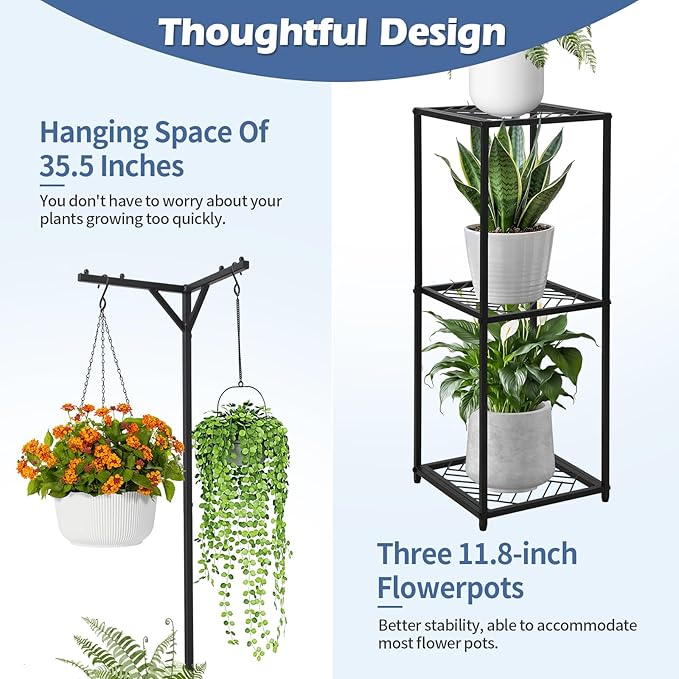 3 Tiered Hanging Plant Stand Indoor outdoor, Corner Plant Flower Stand for Multiple Plants, 67" Tall Plant Rack for 5 Potted Flowers,Plant Shelf for Living Room, Balcony, Patio, Garden, Square Black Metal