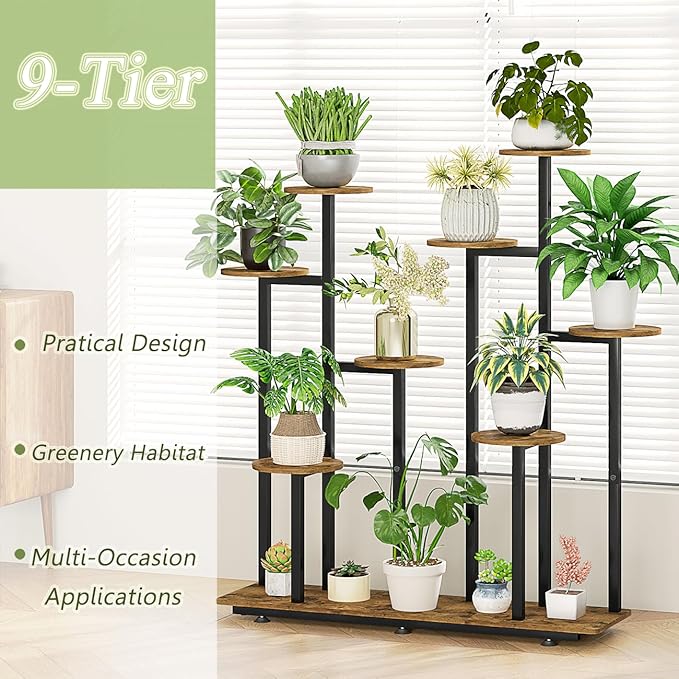 INGIORDAR Plant Stand Indoor Outdoor Corner Plant Shelf for Multiple Flower Pots Flower Stand Holder for Patio Garden Balcony Living Room (Black+Rustic Brown, 9 Tier)