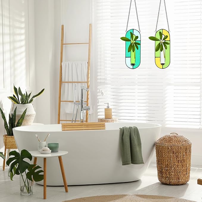 2 Sets Stained Glass Window Hanging Propagation Window Propagation Stations Planters with Glass Tubes and Chain Terrarium Wall Plant Holder Decor for Living Room