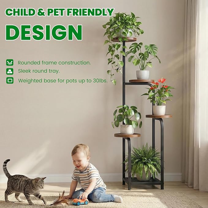TOSKING 5 Tier Metal Anti-Tip Plant Stand indoor, Wide Base for Pots, Child and Pet Friendly ,Heavy Duty Plant Shelf ,Corner Shelf, Flower Pot Stand for Multiple Plants, Indoor Plants Tiered Stand for Living Room Balcony Garden Patio Bedroom(Black and ...