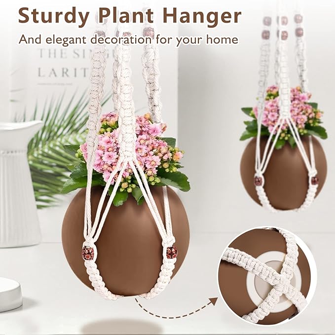 Necamocu Handmade Macrame Plant Hanger with 2PCS Hooks, Elegant Hanging Plant Holder for Indoor Outdoor Plants, Sturdy Hanging Planters with No Tassel, 33 Inch, Ivory