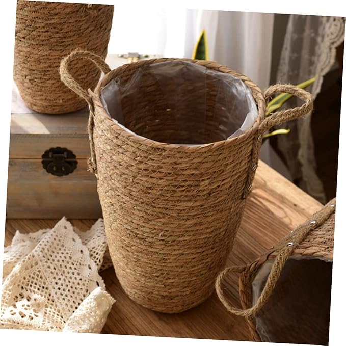 Large Seagrass Woven Basket for Plant Display Tall Pot Handle Multi-Purpose Desktop Planter for Home Decor