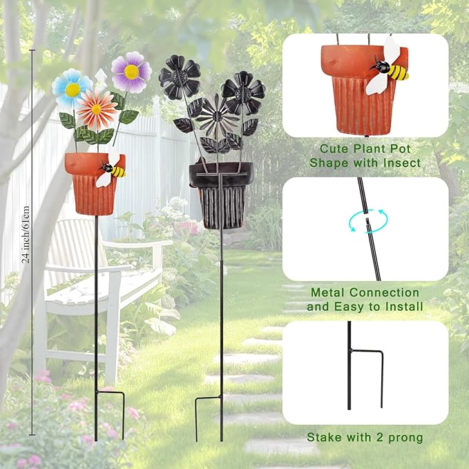 3 Pcs Metal Flower Garden Stakes, 24" H Flower Pot Shape Decorative Garden Stakes, Metal Yard Art for Outdoor Spring Lawn Patio Pathway Decor