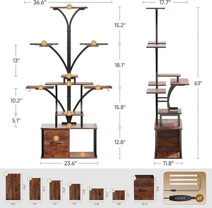 63" Plant Stand Indoor with Grow Lights, 10 Tiered Plant Shelf with Drawer, Corner Plant Stands for Indoor Plants, Metal Plant Flower Display Shelf, Tree-Shaped Plant Rack for Home, Black (2, Black)