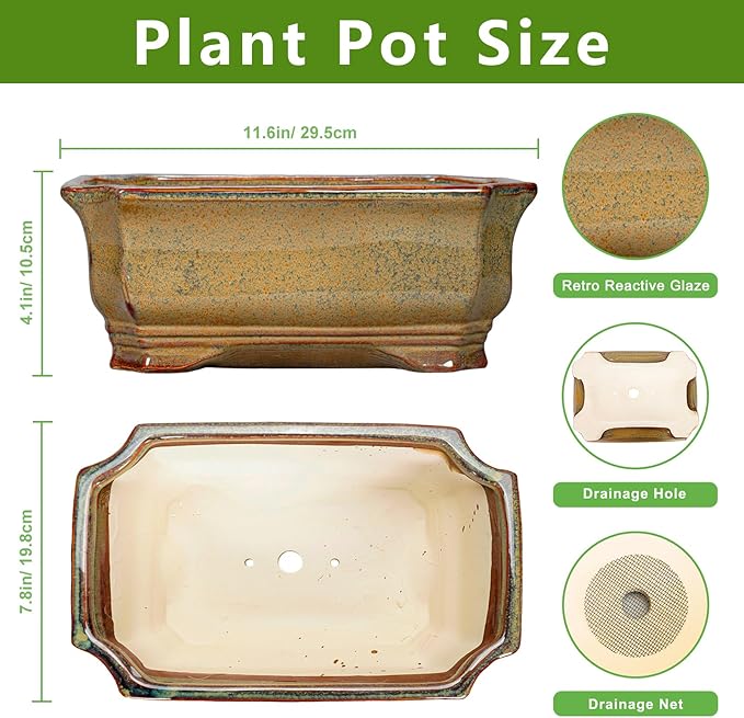 Bonsai Tree Pots 11.6 Inch - Ceramic Bonsai Planter for Succulent Plants, Succulent Pots with Drainage Hole, Large Indoor Flower Pot, Home Decor, Plant Lover Gifts, Rectangular Yellowish Brown