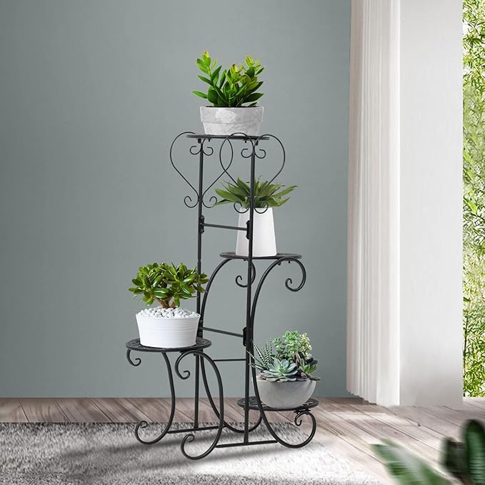 Metal Plant Stand Indoor & Outdoor Wrought Iron Plant Stands Flower Pot Holder Shelf for Multi Plants, Flower Holder Racks for Patio Garden, Living Room, Corner Balcony (4 Tier)