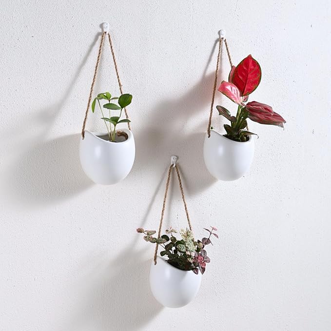 Set of 3 Ceramic Wall Vases - Hanging Pocket Planters for Indoor Plants, Wall Decor for Entryway Hallway Bathroom Living Room Dining Room