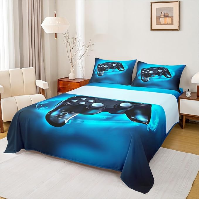 Feelyou Gamer Bedding Set Full Size for Boys Kids Bed Sheet Set Gaming Video Game Sheets Set Lightweight Breathable Men Teens Game Room Decor Sheet, 1 Fitted Sheet + 1 Flat Sheet + 2 Pillow Case