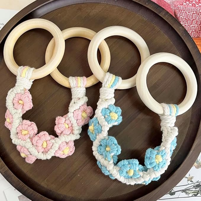 4 Pcs Daisy Flower Macrame Towel Holder Ring, Crochet Hanging Kitchen Dish Towel Holder, Handmade Kitchen Towel Hanger with Wood Hanging Loop for House Oven Stove Door