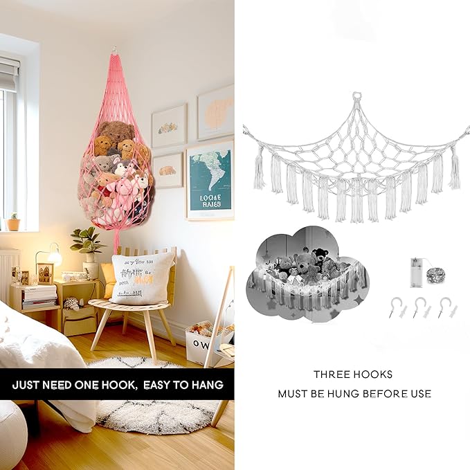 Amdermi Stuffed Animal Net or Hammock Corner Hanging Net for Stuffy Animal Storage Macrame Toy Display Plush Toy Holder Wall Pet Net for Nursery Kid Bedroom Decor Playroom Organizer (Pink XL)