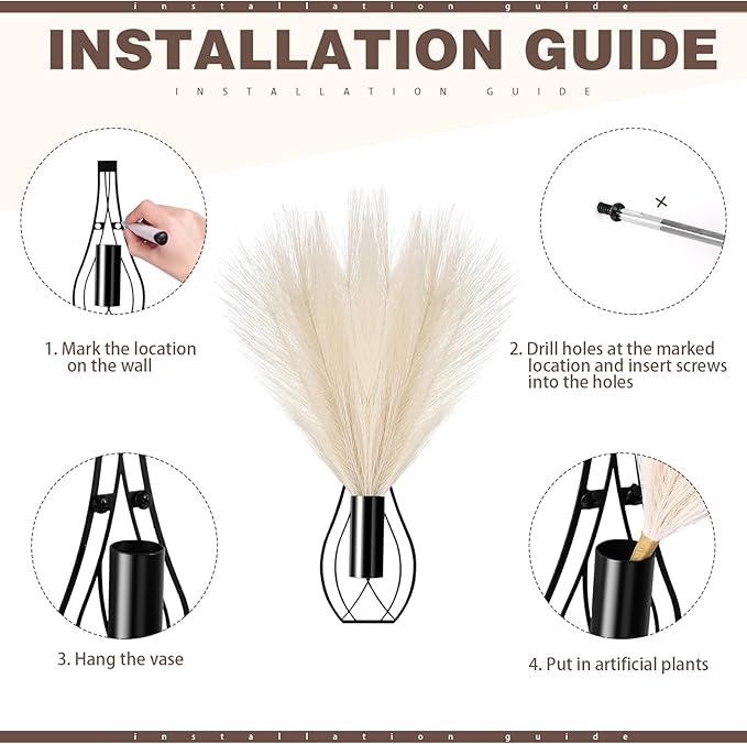 Otoolling 2 Pieces Hanging Plant Wall Decor with Artificial Pampas Grass Metal Hanging Vase Modern Geometric Farmhouse Bohemian Wall Art for Living Room Bedroom Kitchen Office(Black, Beige)