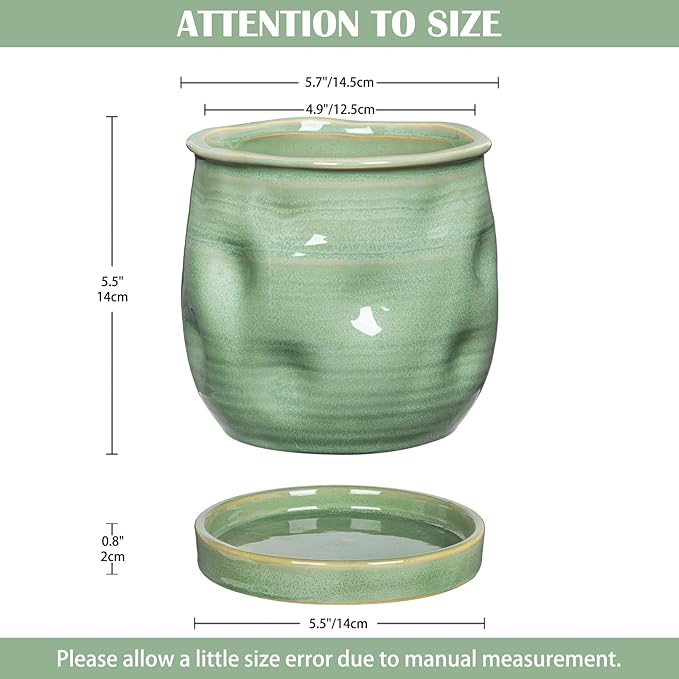 5.7 inch Ceramic Pots for Plants, Plant Pot with Drainage Hole and Saucer Sage Green Ceramic Indoor Planter with Tray Decorative Flower Pots for Succulent, Cactus, Snake Plant, Herb Indoor Outdoor