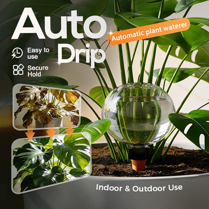 Self-Watering Globes for Indoor Plants, Clear Glass Automatic Watering Planter Insert, Self-Watering System Spikes for Release Terracotta Planter, Watering Bulbs with Slow Release (2PCS)