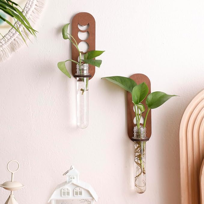 Artilady 2 Pack Plant Propagation Station Wall Hanging Wooden Moon Phase Plant Terrarium for Hydroponics Home Office Decor Test Tube Propagate Air Plant Cutting Holder