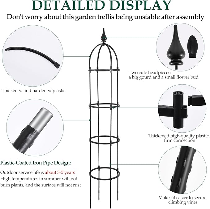 WellSign Garden Obelisk Trellis for Climbing Plants Outdoor, 6.6ft Tall Rustproof Coated Metal Plant Support with Garden Twist Tie for Tomato Cucumber Ivy Vines Rose Potted Plant Trellis 1 Pack
