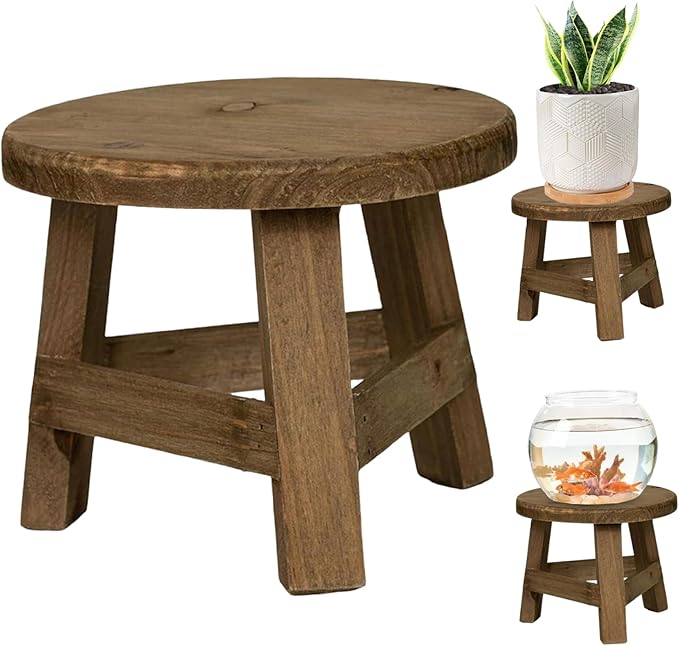 Plant Stool, 7x6 Inch Round Wooden Plant Stool, Rustic Decorative Small Wooden Stool for Indoor Bonsai Pot, Home, Garden, Patio, Lawn Decor