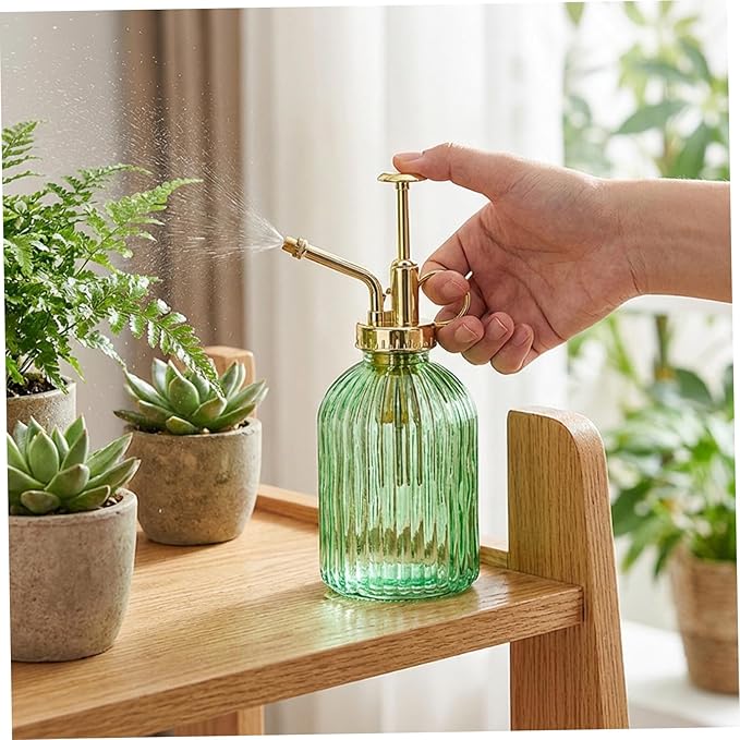Plant Misters, Glass Plant Mister, 7.5 Inch Elegant Green Glass Watering Can with Gold Pump, Perfect Indoor Mister for Succulents, Ferns and Home Decor, Spray Bottle