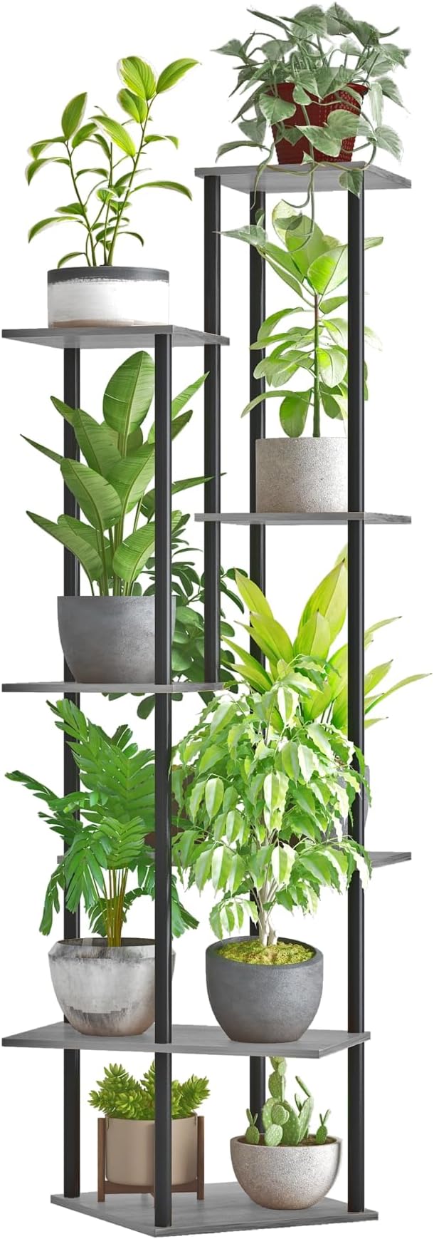 Tall Plant Stand Indoor, 7-Tier Modern Plant Shelf for Multiple Plants, Wood Metal Flower Holder for Living Room Balcony Bedroom, Oak Grey