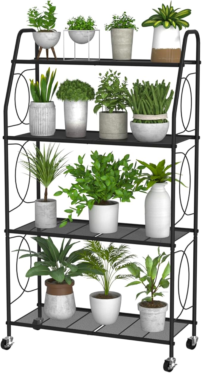VyGrow 4 Tier Plant Stand with Wheels, Plant Shelf for Indoor Outdoor, Heavy Duty Metal Tall Plant Stands Holder Rack for Living Room Balcony and Garden, Black
