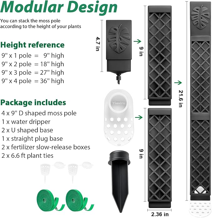4 Psc 9'' D Shaped Moss Pole with Water dripper,Easy-to-Assemble Moss Pole Monstera Plant Support,Anti-tip Sturdy Moss Poles for Climbing Plants (Black)