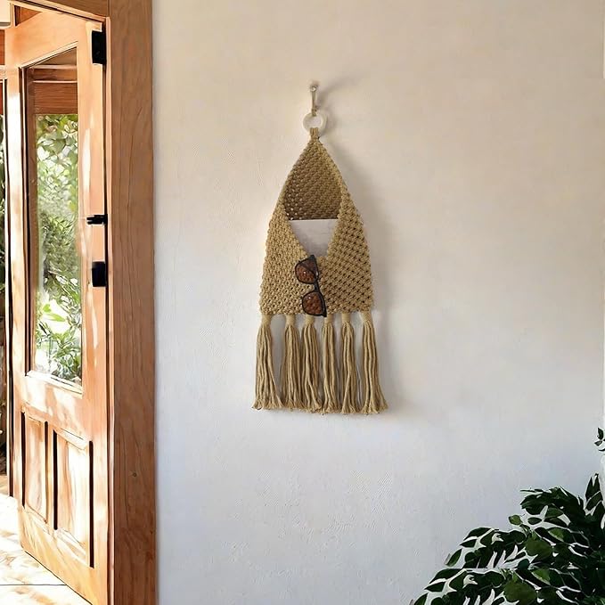 Macrame Mail Organizer Wall Mounted, Hanging Woven Basket for Boho Home Office Decor, Over the Door Key and Mail Letter Envelope Holder for Entryway Hallway, Olive Green