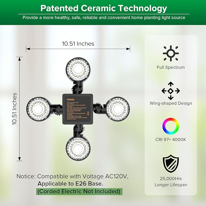 SANSI Grow Light for Indoor Plants, 40W (400 Watt Equiv) 4000 Lumen High PPFD Full Spectrum Plant Light with Remote Timer, Dimmable, Folding Wings Grow Light for Indoor Growing Greenhouse, E26 Base