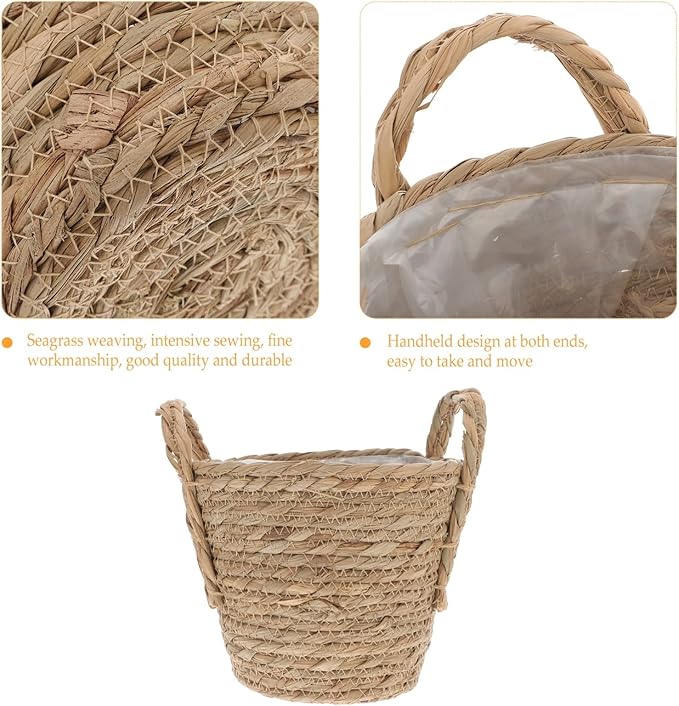 Alipis Seagrass Basket Planters Flower Pots with Plastic Liner, Plant Containers Storage Holder Wicker Rattan Vase with Handle
