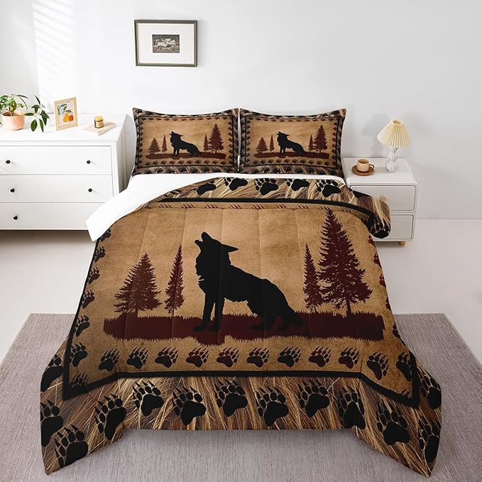 Feelyou Cute Wolf Comforter Set for Girls Boys Kids Wolves Howling Bedding Set Room Decorative Animal Wolves Tree Pattern Bedding Set Exotic Style Brown Black Duvet Set King Size 3Pcs Quilt Set