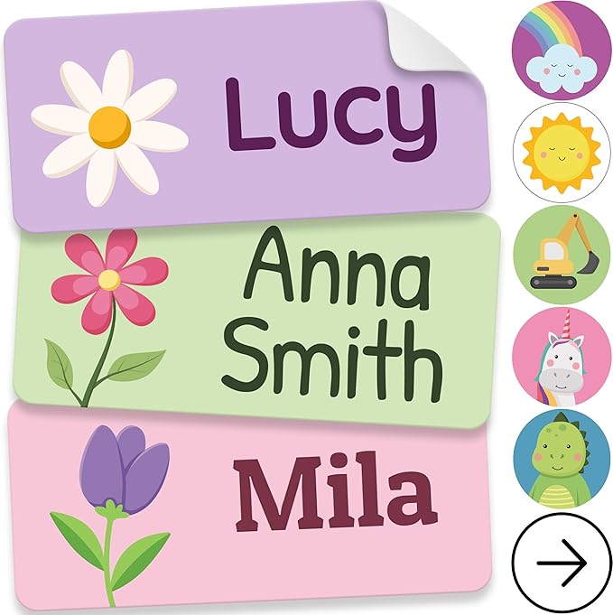 Personalized Name Labels for Kids (210 Labels) - Durable & Waterproof Custom Name Stickers for Clothing Tags, School Supplies, Camp & Daycare - Flowers (1.2”x0.5”)