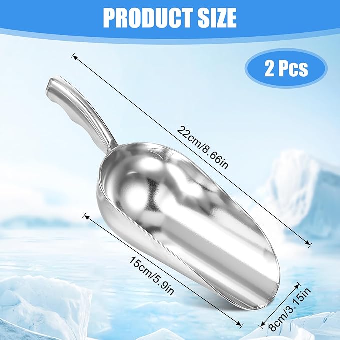 2 PCS Aluminum Ice Scoops, Cast Aluminum Utility Scoops, 12-Ounce, Food-Grade, Good for Home and Commercial Use of Bar, Ice, Flour Utility Scoop, Ice Scoop for Ice Machine, Hand-Wash Recommended